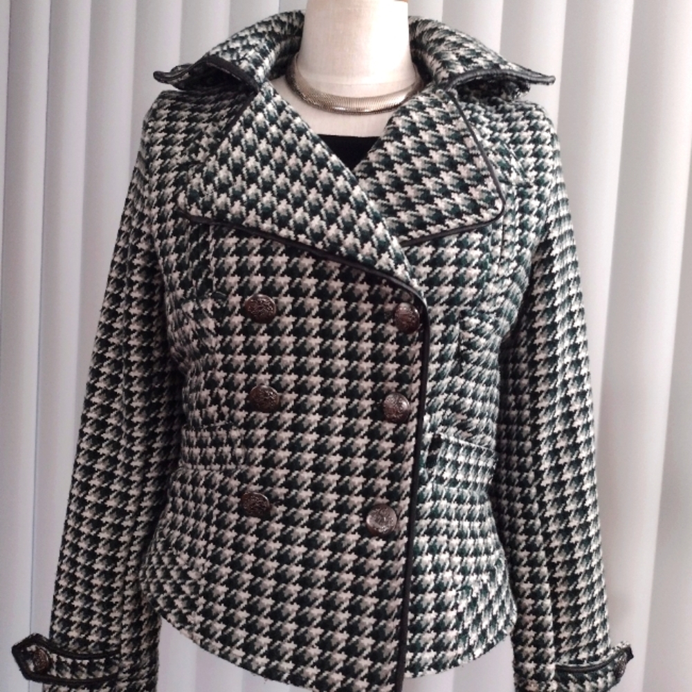 Jou Jou Black and White Houndstooth Pea Coat with Dark Piping